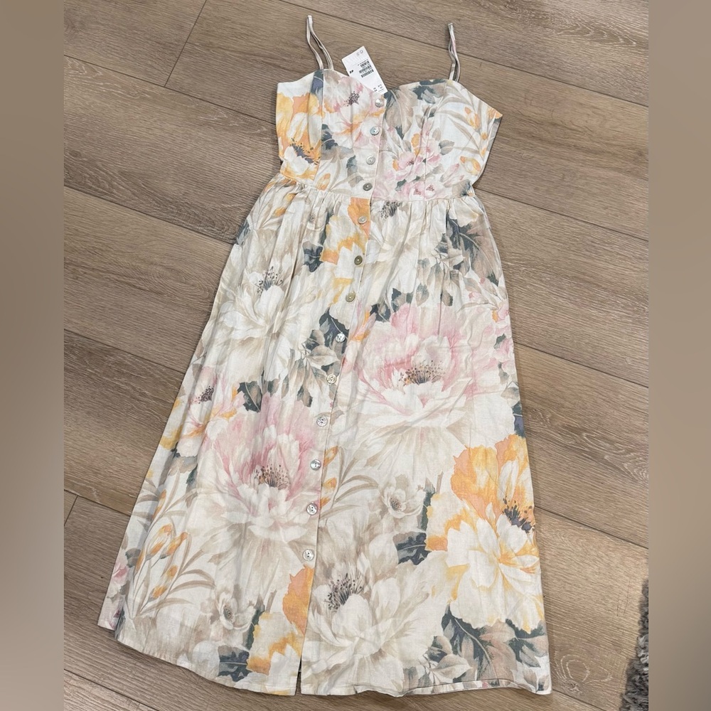Floral Button-Front Midi linen Dress H&M XS NWT